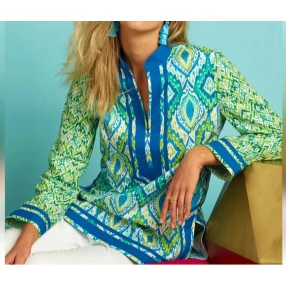 NicoBlu Womens 1X Tunic Top Green & Blue Ikat Print Long Sleeve - Picture 11 of 14
